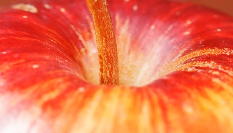 Extreme close-up of a red apple with water droplets and stem in sharp focus.