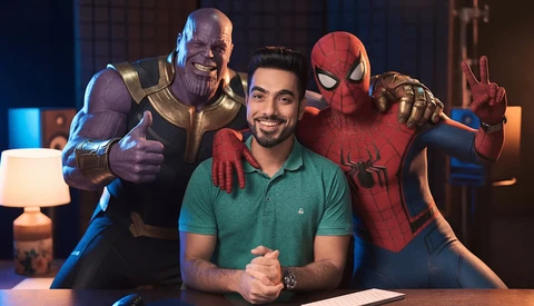Man in green polo posing with costumed characters in studio lighting setup.