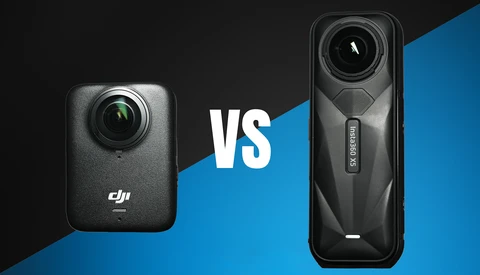 Comparison graphic of two compact camera devices positioned side by side against contrasting dark and blue backgrounds.