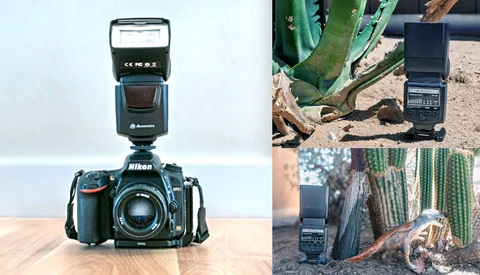Nikon camera with external flash mounted on top, displayed on wooden surface with three field usage examples shown on right.
