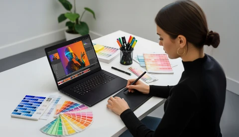 Designer working on color grading at laptop with paint swatches and color palettes on desk.