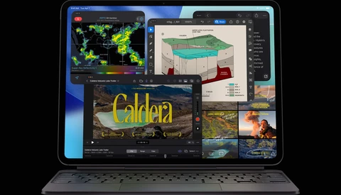 Screenshot showing multiple creative software applications displaying photography, video editing, and 3D visualization projects on a laptop screen.