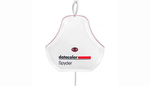 Product illustration of the Datacolor Spyder color calibration device with pear-shaped white body and hanging loop.