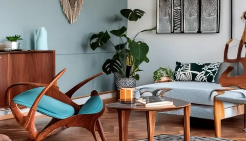 Mid-century modern living room with sculptural wooden chair, potted plant, and gray sofa.
