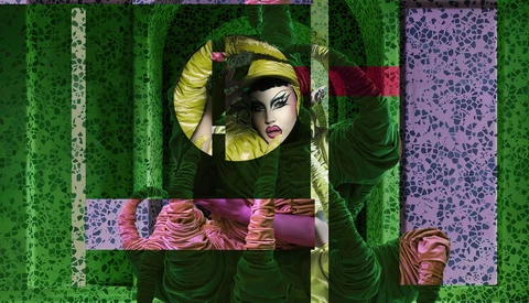 Artistic composite portrait with bold geometric stripes and vibrant green and purple color palette.