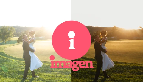 Bride and groom in formal wedding attire dancing outdoors during golden hour, with a red circular logo overlay.
