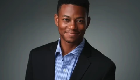 Professional headshot of a young man in a black blazer and light blue striped shirt against a neutral gray background.