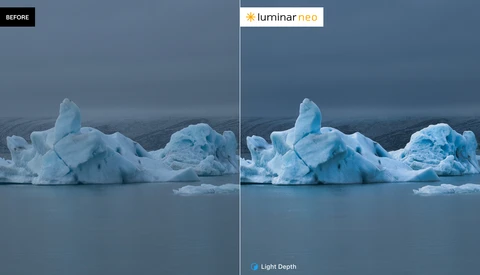 Icebergs in glacial water, comparing before and after Luminar Neo processing with enhanced light depth.