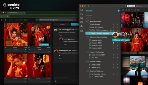 Screenshot of Peakto asset management software displaying red-toned portrait photography with organizational folders and file management panels.