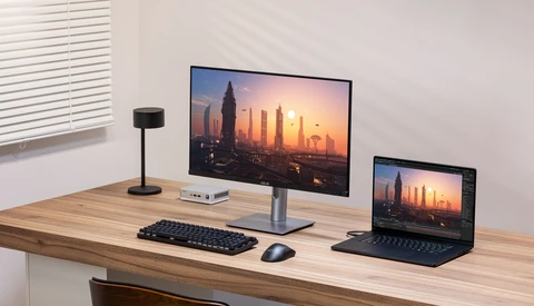 Minimalist desk setup with desktop monitor displaying cityscape at sunset and laptop positioned to the right.
