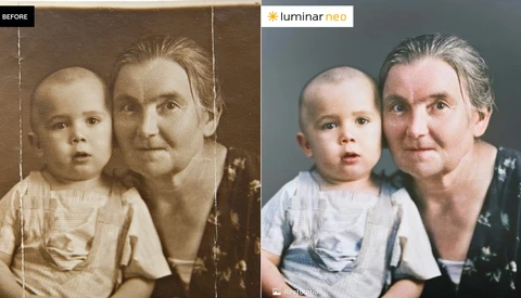 Side-by-side comparison of a vintage sepia portrait and its color-restored version showing an adult and child.