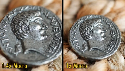 Ancient Roman coin shown at two magnification levels, 1x and 1.4x macro, displaying a profile portrait and inscribed text.