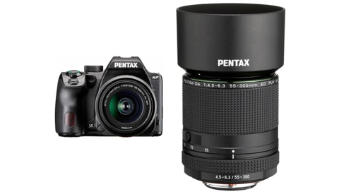 Pentax K-70 DSLR camera with 18-55mm kit lens and Pentax-DA 55-300mm telephoto lens displayed side by side.
