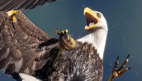 Bald eagle with open beak perched on rocky outcrop against blue sky, shot from below.