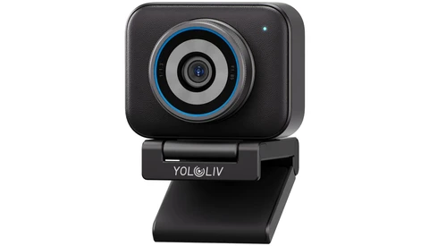 YOL@LIV webcam with compact black design and blue-ringed lens against white background.