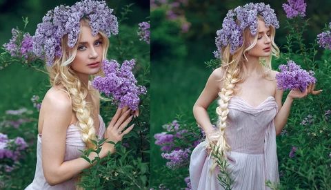 Woman with blonde braid and lilac flower crown posing among purple flowering plants in two poses.