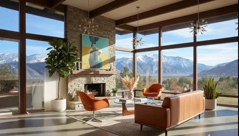 Modern living room with floor-to-ceiling windows framing mountain valley views, featuring mid-century furniture and stone fireplace.