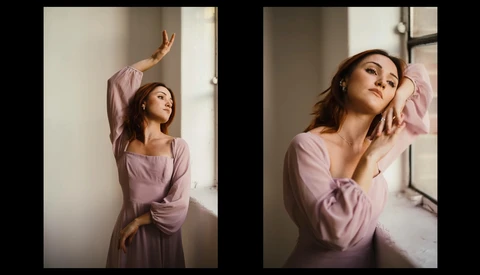 Woman in lavender long-sleeved dress posing by bright window in two compositional variations.