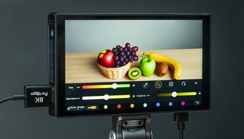 Professional monitor displaying fruit in a basket with color grading interface and control panel visible.