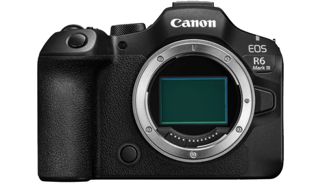 Canon EOS R6 Mark III mirrorless camera body shown from front with sensor visible through open mount.