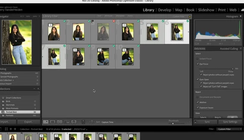Screenshot of Adobe Lightroom Classic showing portrait photography workflow with contact sheet and editing panels.