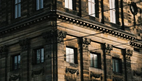 Ornate stone building corner with classical columns, decorative corbels, and strong shadow patterns from tree branches.