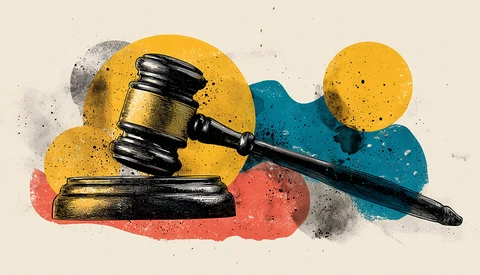 Illustration of a judge's gavel with colorful watercolor splashes in yellow, blue, red, and gray.