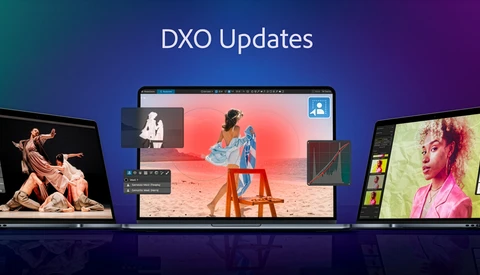Screenshot showing DXO Updates interface with three laptop displays demonstrating image editing and color grading workflows.
