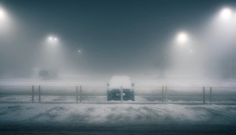 Car centered on snowy road beneath dramatic stadium lighting in heavy fog.