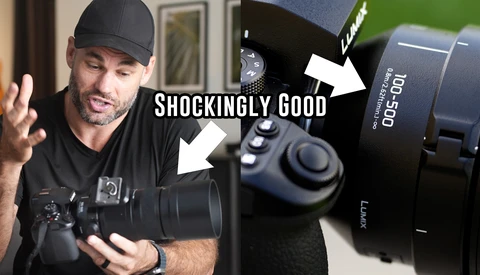 Photographer holding camera with telephoto lens, with close-up details of lens focus ring and AF/MF switch visible.