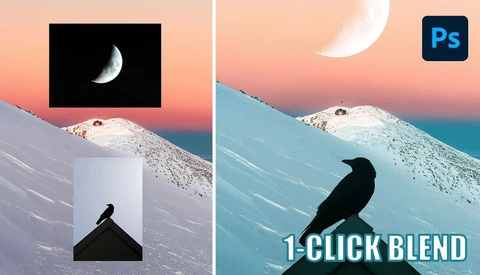 Screenshot of Photoshop comparison showing moon replacement and bird silhouette blending technique.