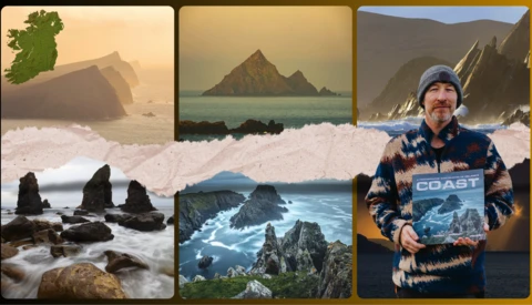 Collage of dramatic coastal landscapes featuring steep cliffs, sea stacks, and a person holding a photography book.