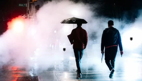 Two figures walking through heavy fog with dramatic red and blue lighting effects on a wet street.