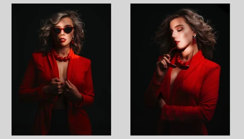 Two side-by-side portraits of a woman in a red blazer against a black background, demonstrating dramatic studio lighting techniques.