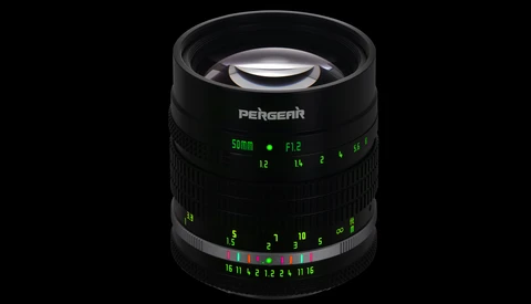 Pergeaar 50mm F1.2 manual focus lens with green distance and aperture markings on black background.