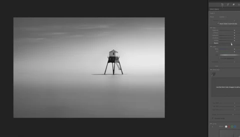 Minimalist photograph of a tall wooden structure with four spindly legs centered in an expansive, featureless gray landscape.