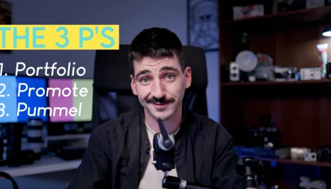 Man with mustache in home studio setting with text overlay listing "The 3 P's: Portfolio, Promote, Pummel."
