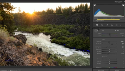 Screenshot of photo editing software showing a river landscape with editing panels open on the right.