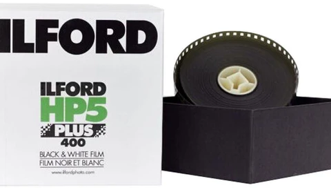 Ilford HP5 Plus 400 black and white film box and 35mm film canister.