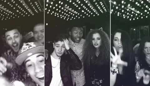 Three black and white selfie-style photos taken under grid ceiling lights showing groups of people at an indoor venue.