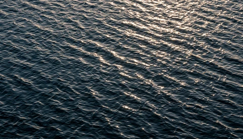 Open ocean water with rippling surface and golden light reflecting across the waves.