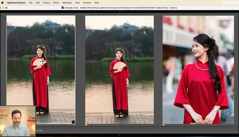 Woman in red dress standing by water, shown in multiple portrait variations with different framing and focus.