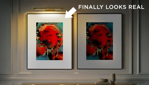 Two framed pop art portraits side by side, with the right frame labeled as the final version looking more realistic.
