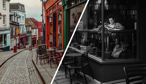 Split-screen comparison of a colorful European street scene and a black-and-white interior portrait.