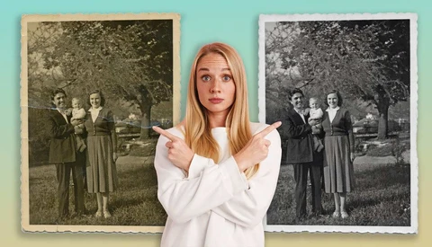 Woman in white shirt pointing at two side-by-side vintage photographs showing the same scene in color and black-and-white.