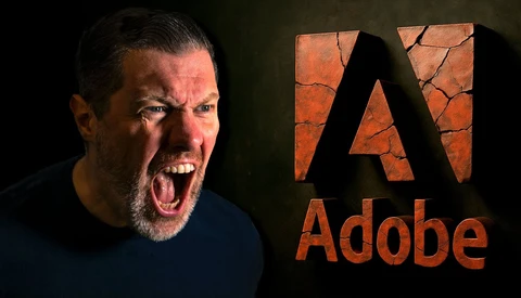 Man with exaggerated angry expression next to Adobe logo graphic.