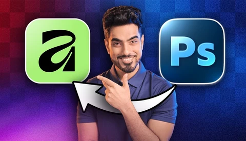 Graphic comparing Affinity Photo and Photoshop software with a man pointing between their logos.