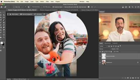 Circular portrait of a couple outdoors holding a colorful stuffed toy, with warm natural lighting.