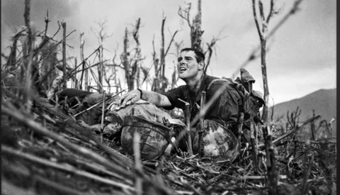 Soldier in combat gear crouches among bare branches and vegetation in a war-torn landscape.