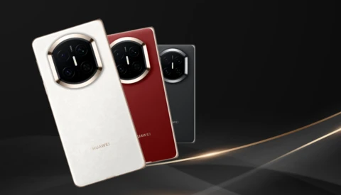 Three Huawei smartphones arranged in white, red, and black finishes, displaying prominent circular camera modules on their rear panels.
